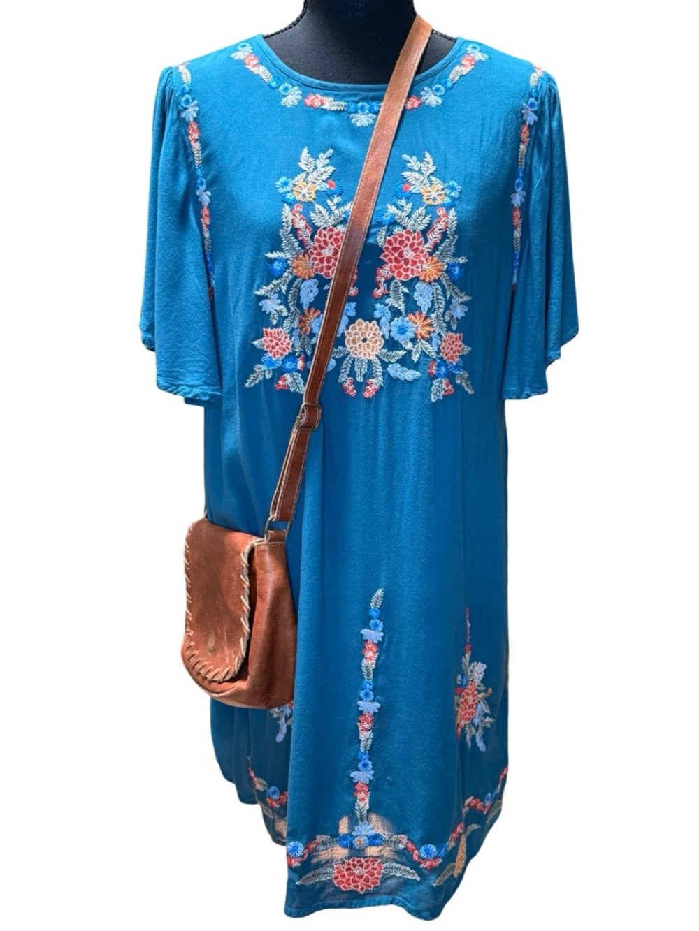 Entro Blue Embroidered Loose Fit Flutter Sleeve Mini Dress Size Large